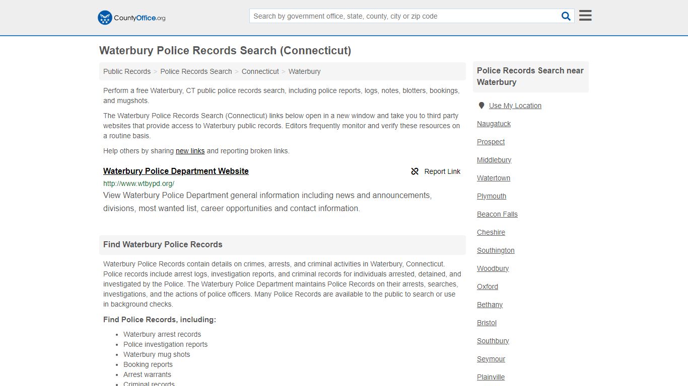 Waterbury Police Records Search (Connecticut) - County Office